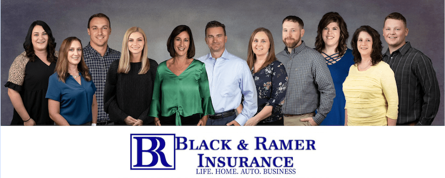 Homepage - Black & Ramer Insurance Team Smiling and Posing Together with the Agency Logo Below The Photo